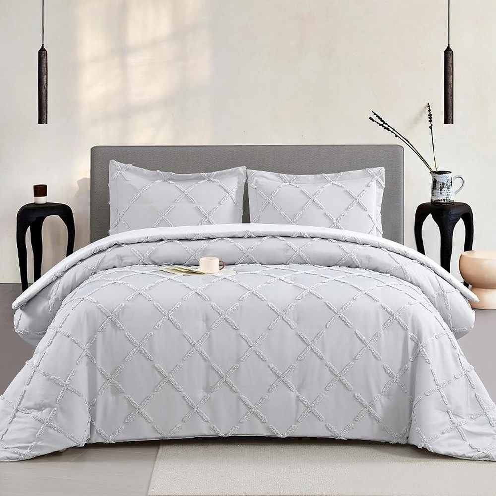 Serene Geometric Ruching Tuftad Chenille Broderi Påslakan Quilt Cover Set Sängkläder Set