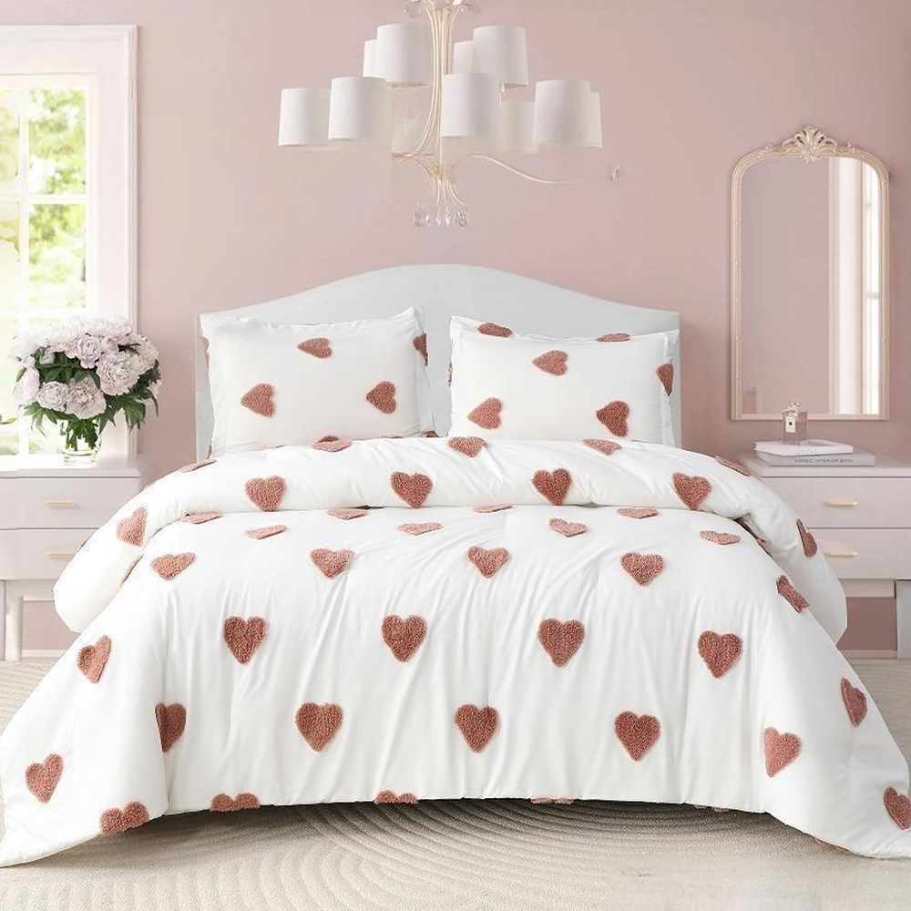 Talulah Heart Tufted Chenille Broderi Påslakan Quilt Cover Set Sängkläder Set