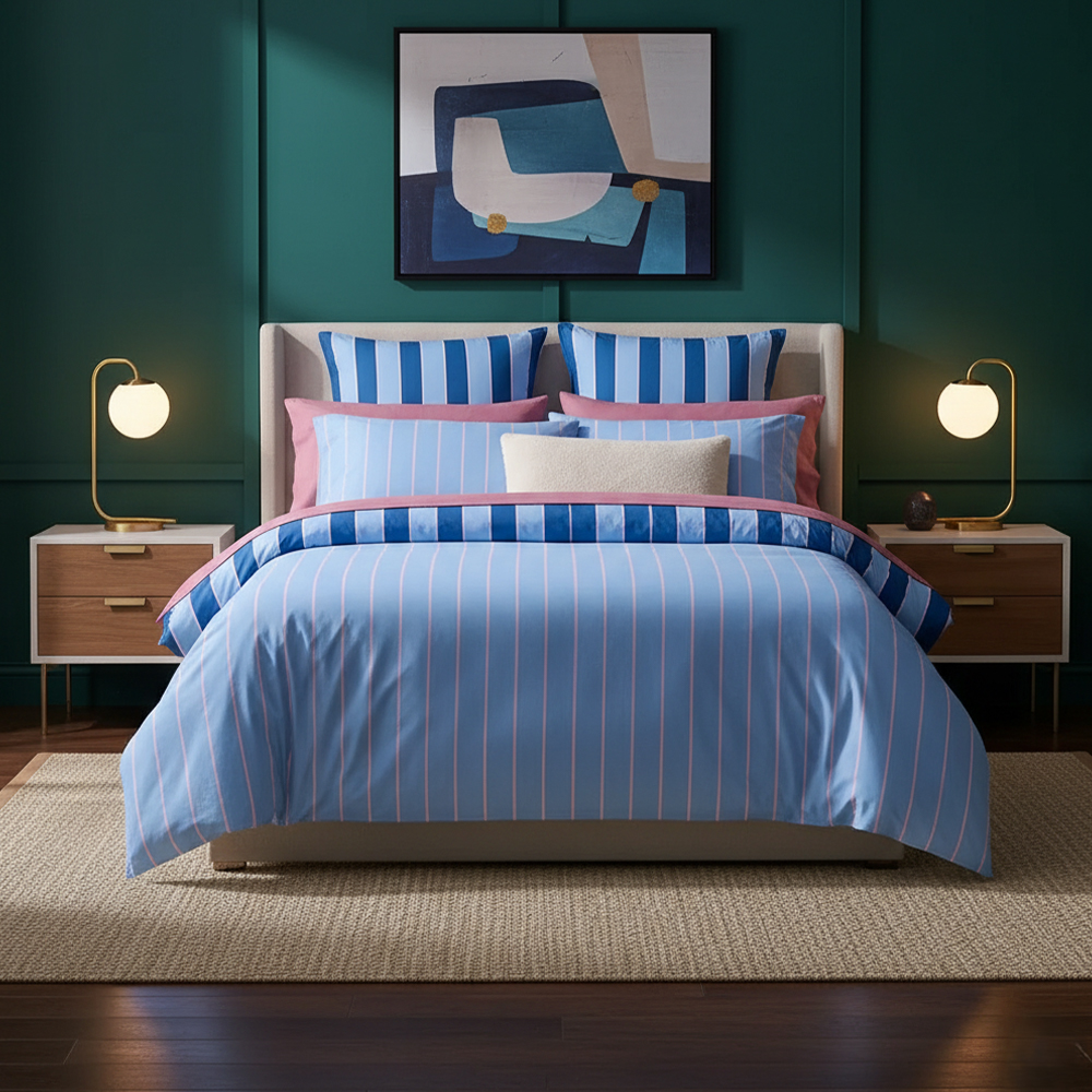 Emily Striped Vändbar Print Påslakan Quilt Cover Set Sängkläder Set
