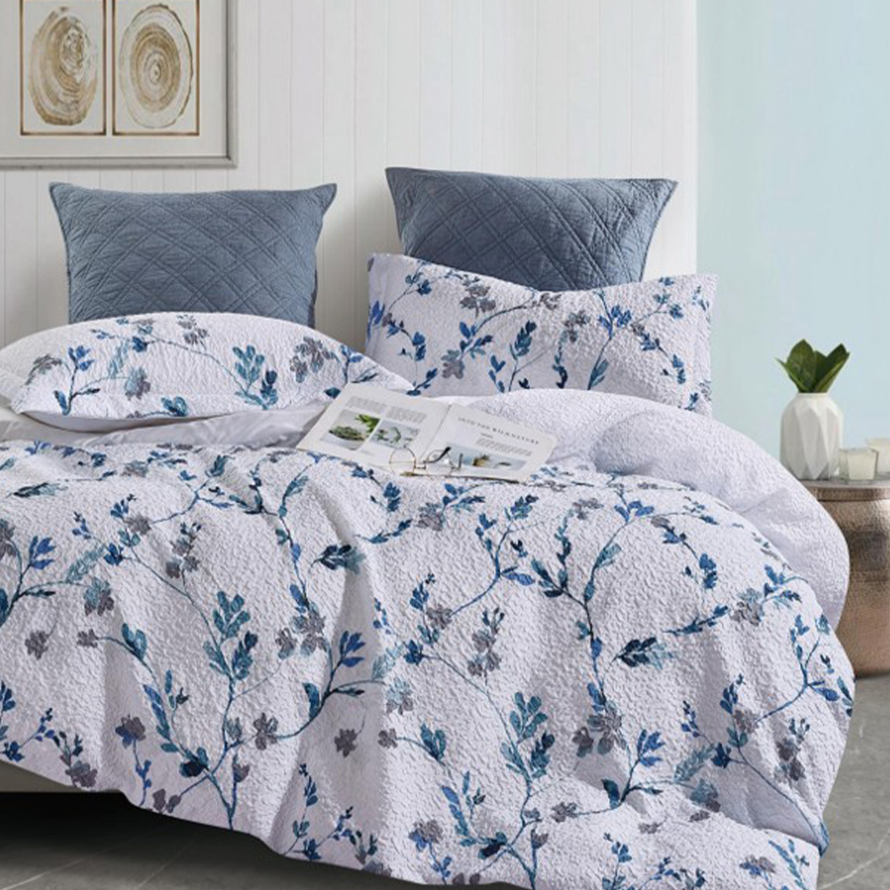 Margot Textured Botanical Floral Printed Seersucker Påslakan Quilt Cover Set Sängkläder Set
