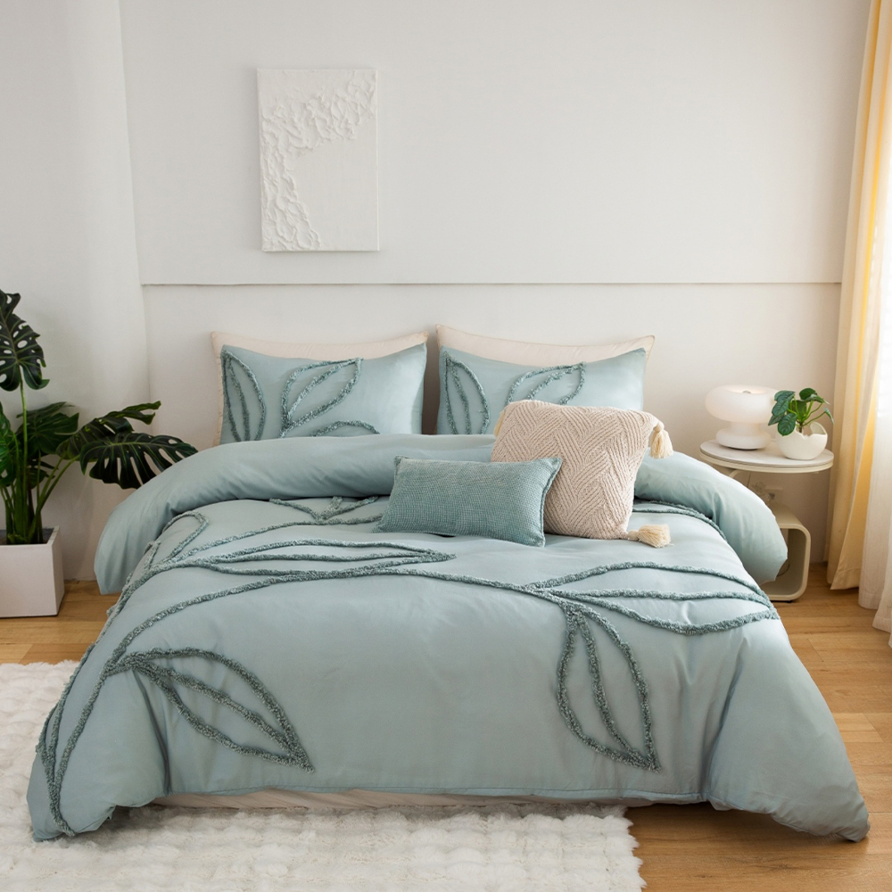 Sammy Leaf Tufted Chenille Broderi Påslakan Quilt Cover Set Sängkläder Set