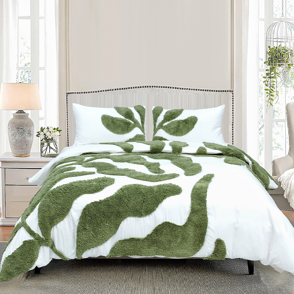 Belle Botanical Storskalig Lövtuftad Chenille Broderi Påslakan Quilt Cover Set Sängkläder Set