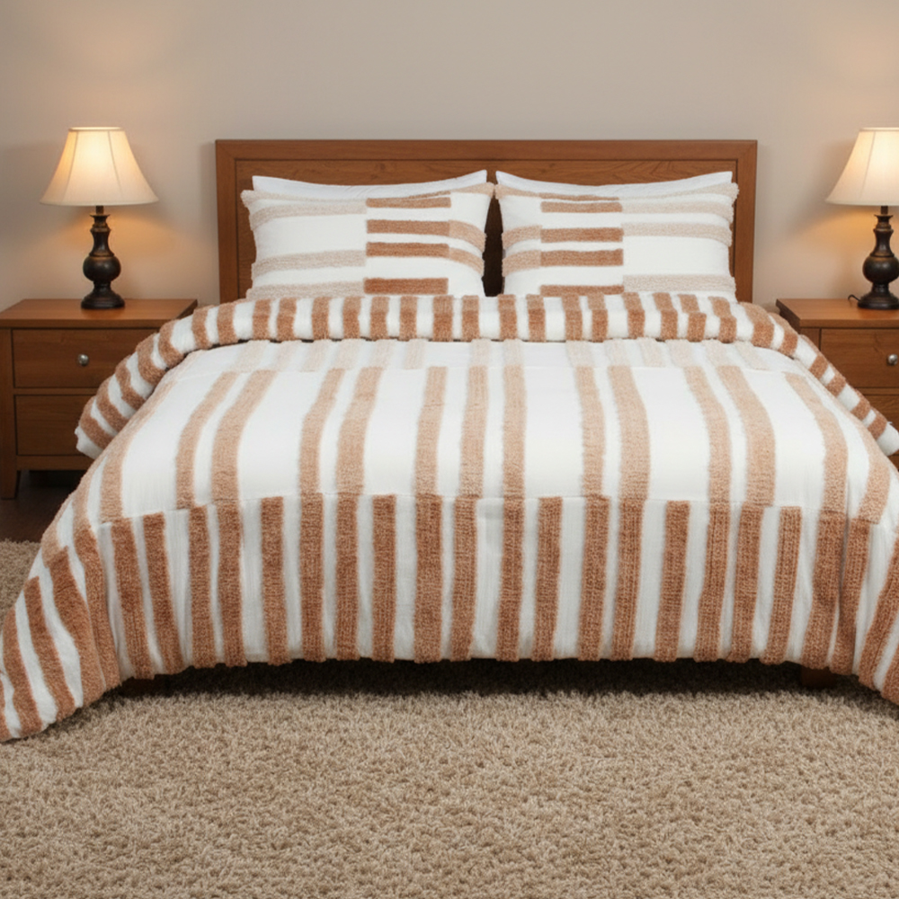 Collette Strip Tuftad Chenille Broderi Påslakan Quilt Cover Set Sängkläder Set