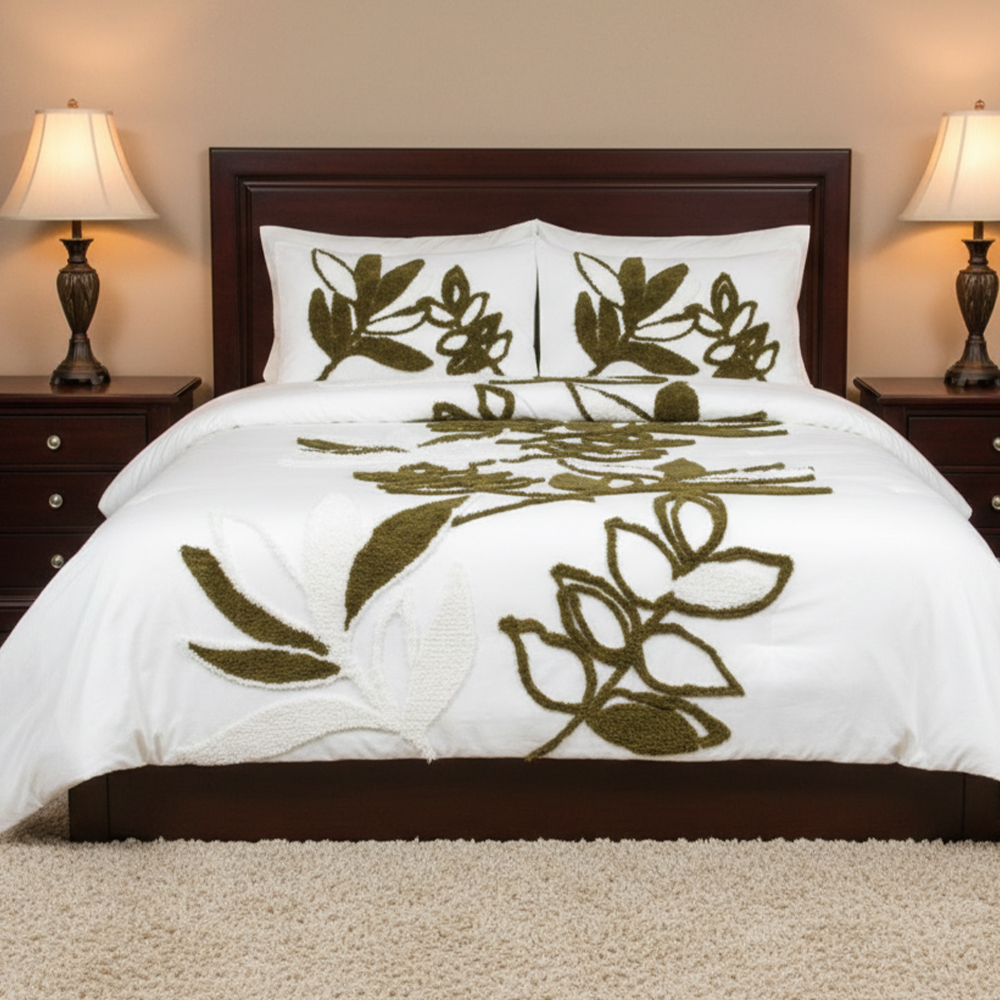 Gia Botanical Leaf Tufted Chenille Broderi Påslakan Quilt Cover Set Sängkläder Set